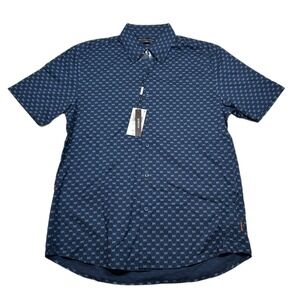 Michael Kors MK Logo Print Shirt Mens Small Blue‎ Short Sleeve Stretch NEW